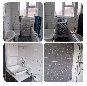 Four-photo bathroom project showing tired bathroom, new radiator, basin and shower
